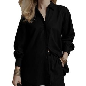 Banana Republic Black Linen Blend Oversized Button Up Long Sleeve Top